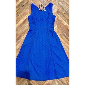 Calvin Klein: Royal Blue Flare V- Neck Dress w/ Cotton Eyelet Lace
